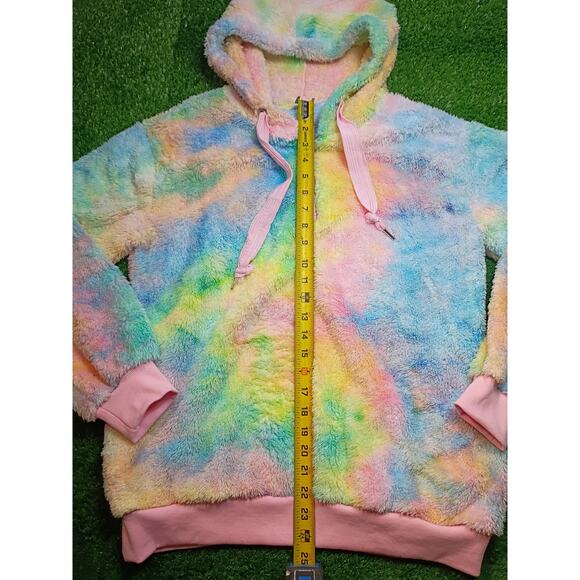 Tie Dye Hoodie Pink Blue Green Yellow Faux Fur size M - Picture 2 of 6